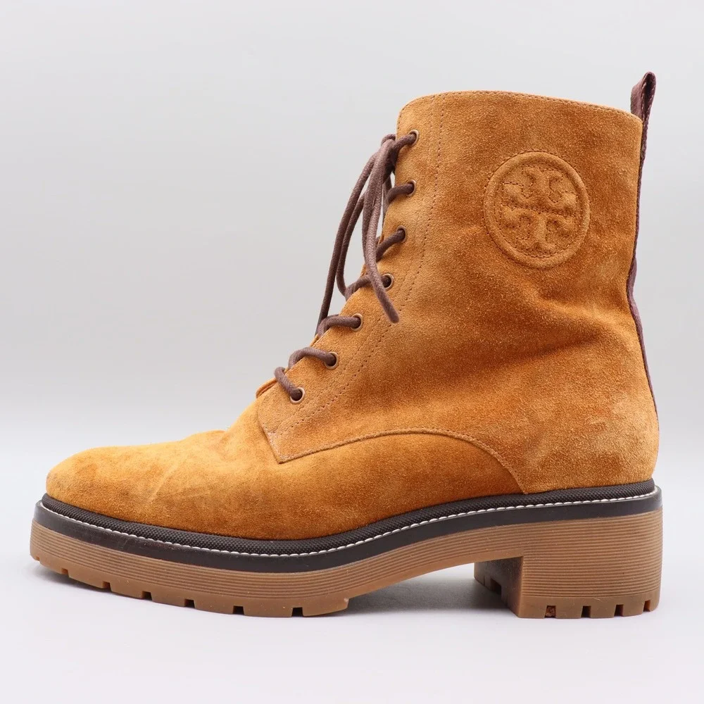 Tory Burch Women's Miller Lug Sole Combat Boots Size 10M US Tan Suede Lace Up